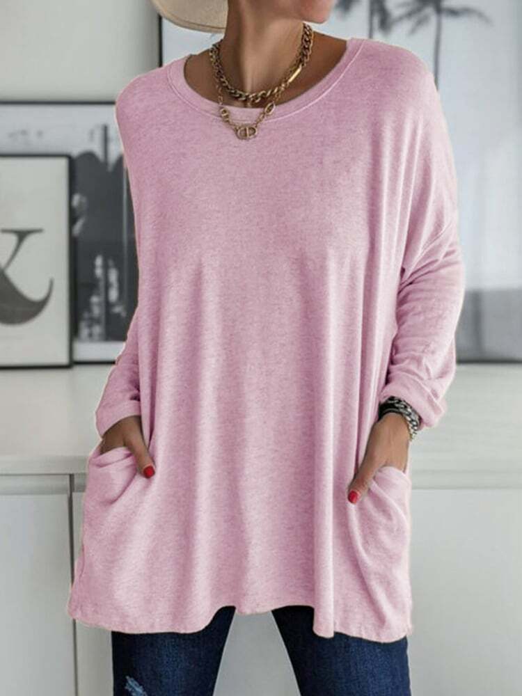 Solid Pocket Round Neck Long Sleeve T-Shirt