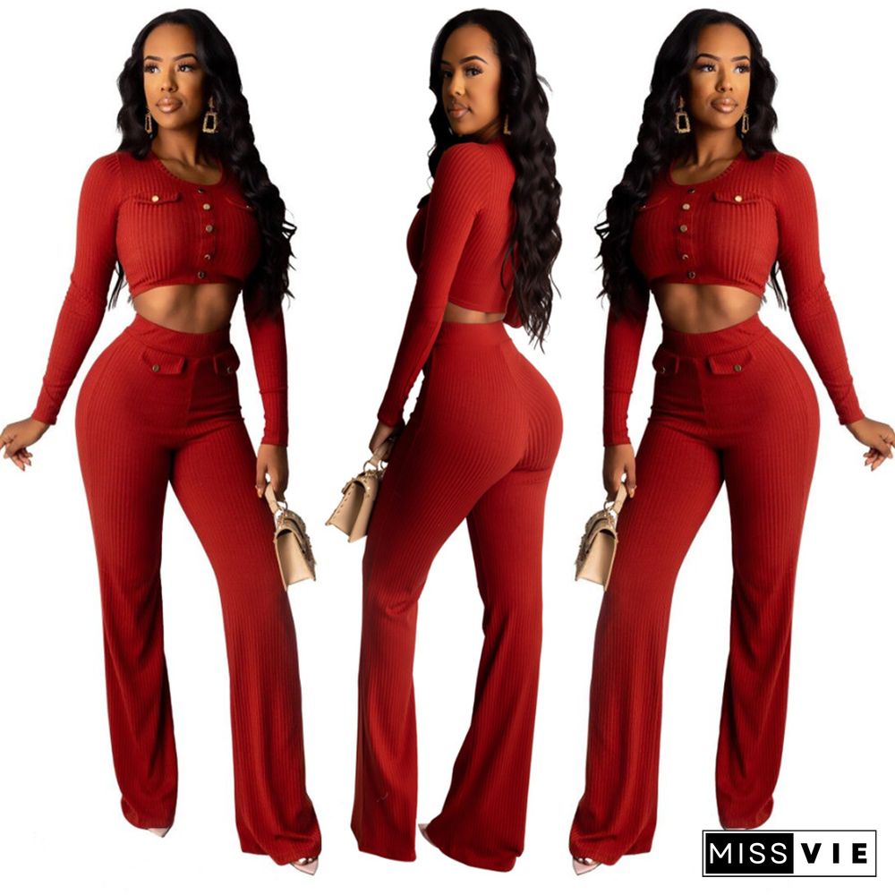 Solid Color Spring Women Knitted Long Sleeve O-neck Crop Top Wide Leg Pants Two Piece Set