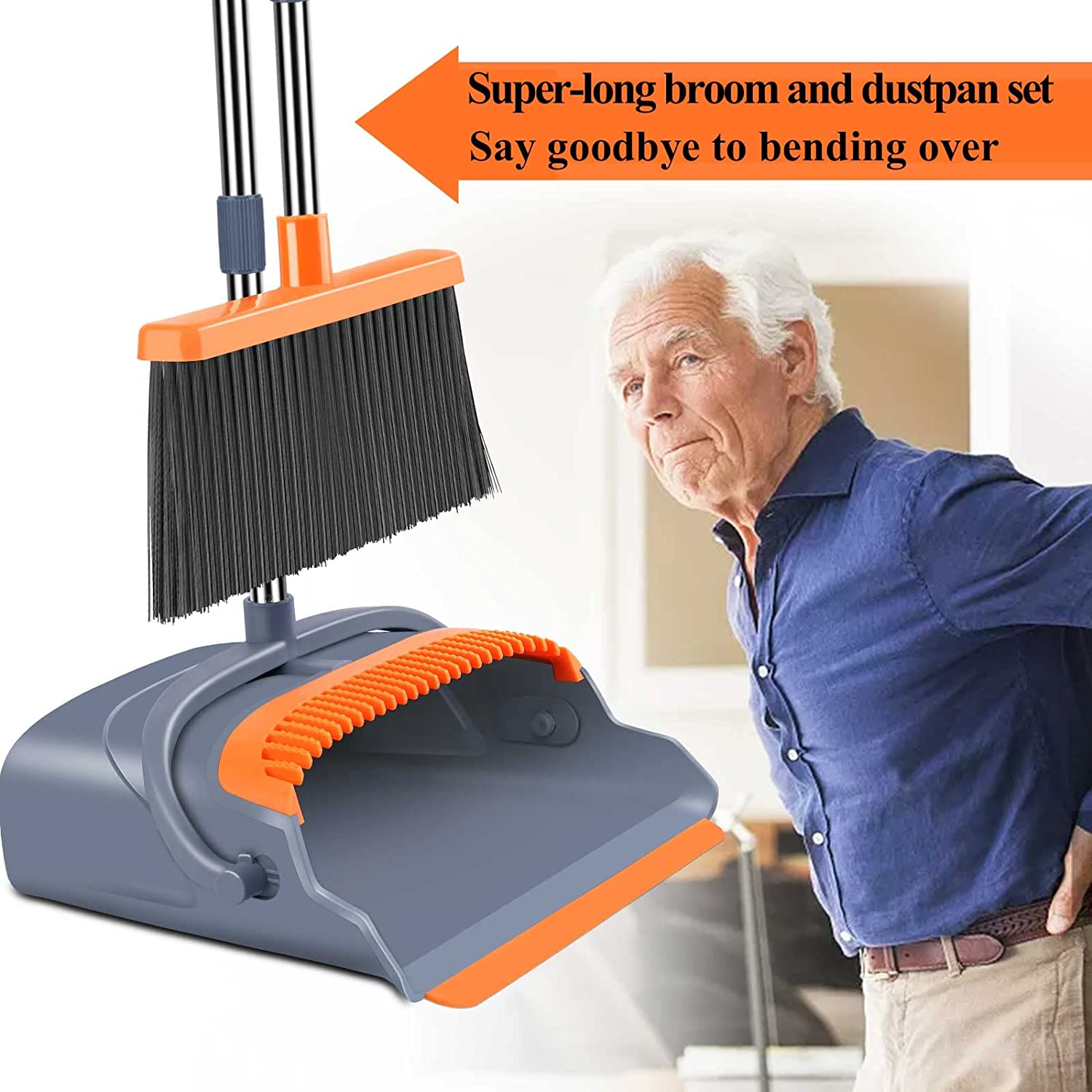 Upgrade Broom and Dustpan Set, Self-Cleaning with Dustpan Teeth, Ideal for Dog Cat Pets Home Use, Super Long Handle Upright Stand Up Broom and Dustpan Set (Gray&Orange)