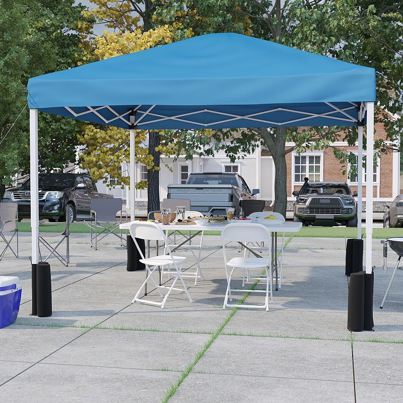 Flash Furniture Otis 10' x 10' Wheeled Pop Up Canopy Tent， 6' Folding Table， and 4 Folding Chairs Set