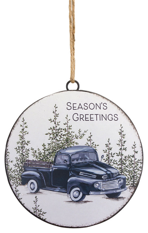 Truck And Tree Disc 6.5 quotH (Set Of 12) Metal   Christmas Ornaments   by GwG Outlet  Houzz