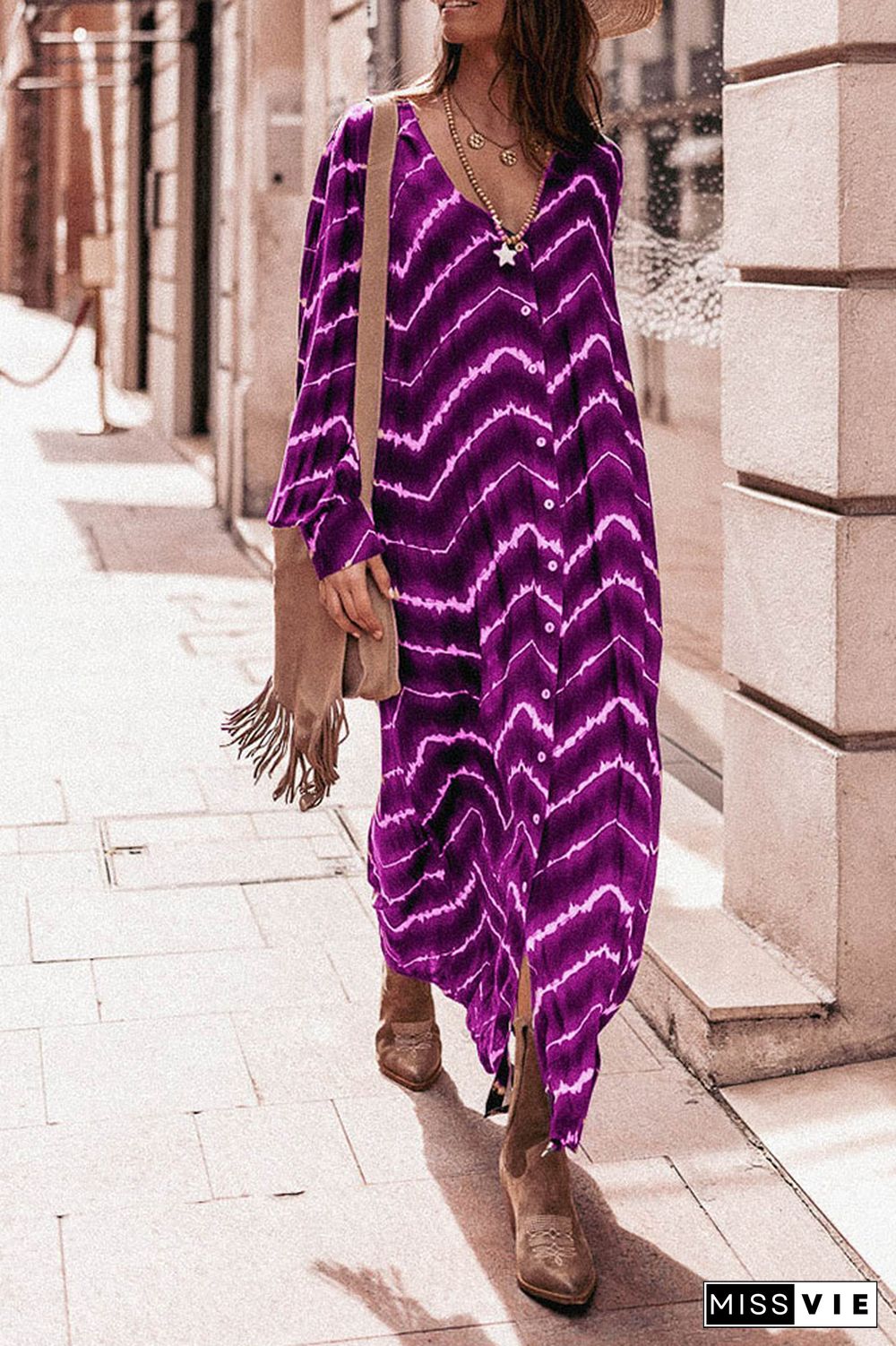 Boho Print V Neck Button Up Dress