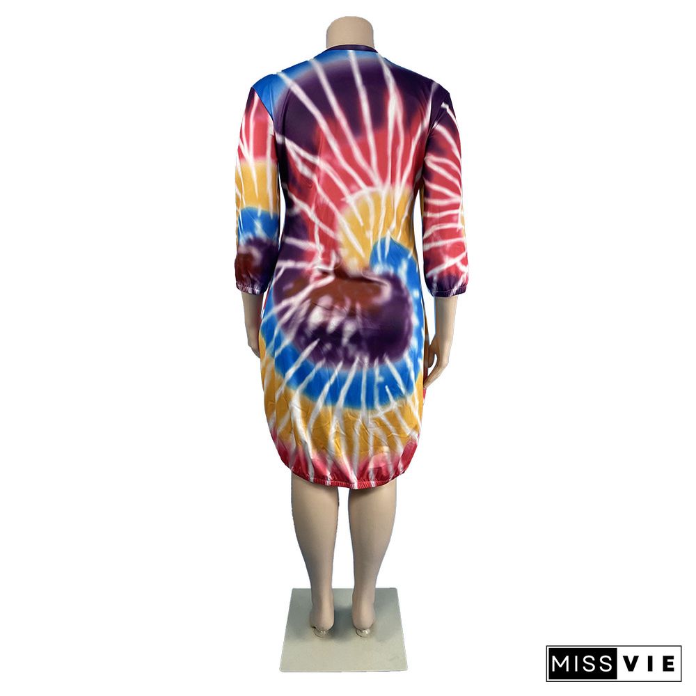 Tie Dye Plus Size Women Clothing Three-Quarter Sleeve O Neck Oversized Loose T Shirt Midi Dresses