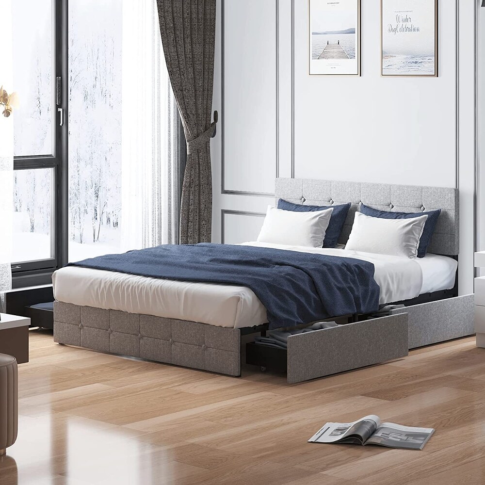 Mixoy Platform Bed Frame  Upholstered and Button Tufted Headboard Square Stitched  4 Storage Drawers