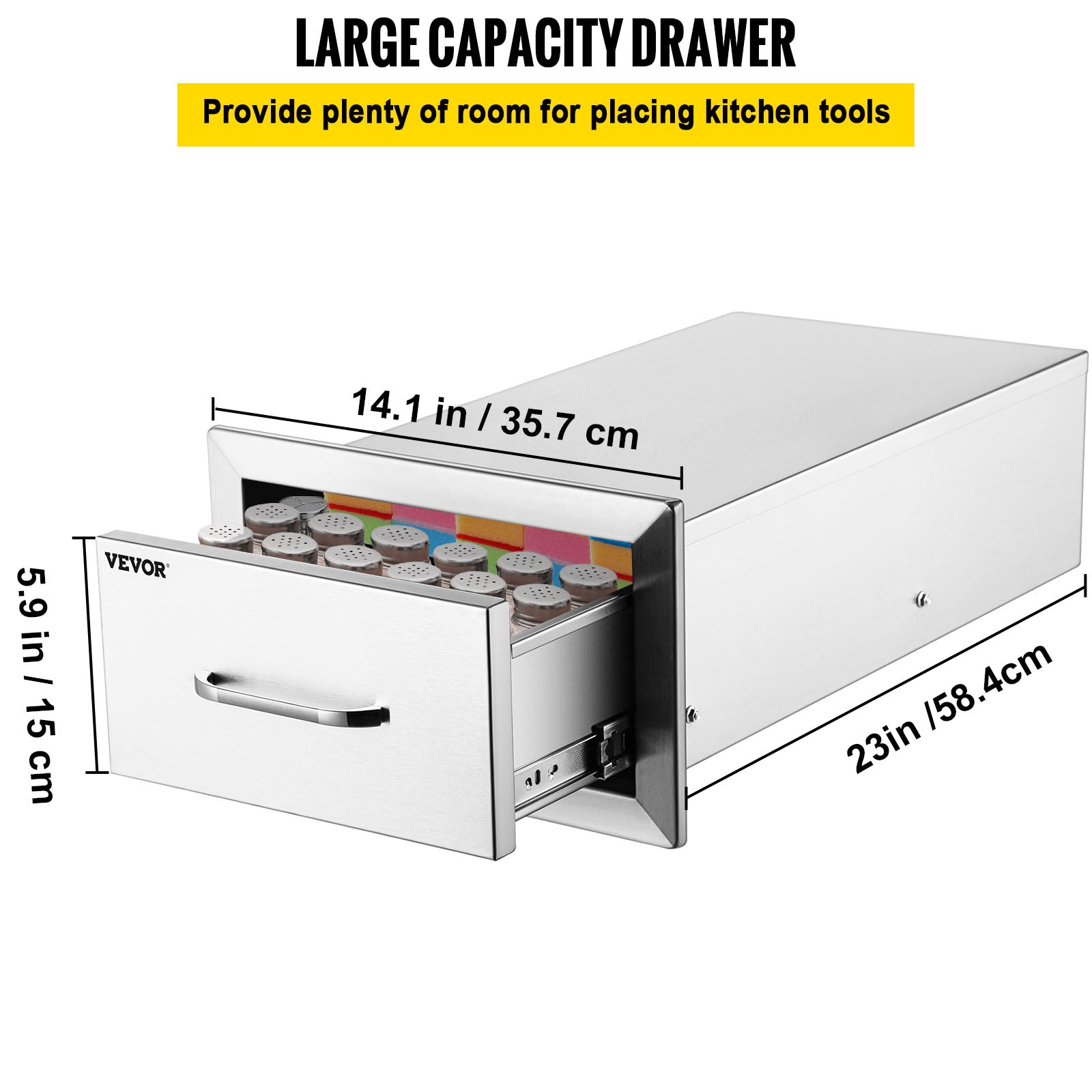 VEVOR 14x8.5 inch Outdoor Kitchen Drawers Stainless Steel, Flush Mount Double Drawers,14W x 8.5H x 23D Inch, with Stainless Steel Handle, BBQ Drawers for Outdoor Kitchens or BBQ Island