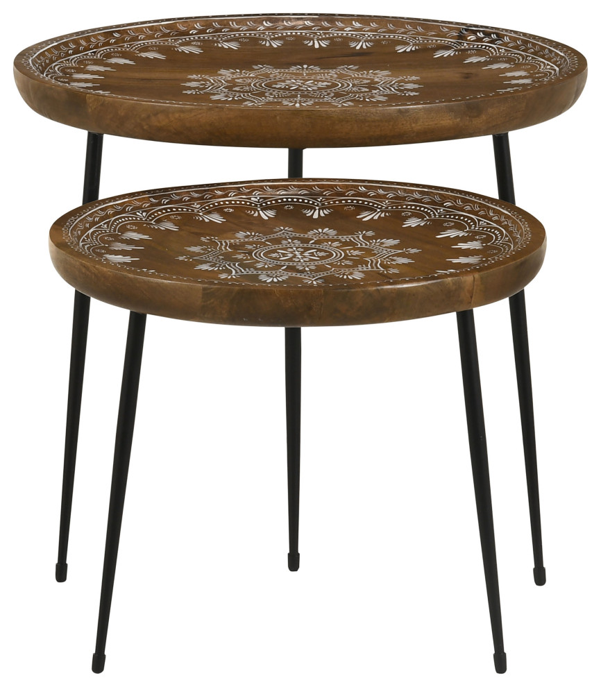 Nuala 2 piece Round Nesting Table With Tripod Tapered Legs Honey and Black   Modern   Coffee Table Sets   by Modon  Houzz