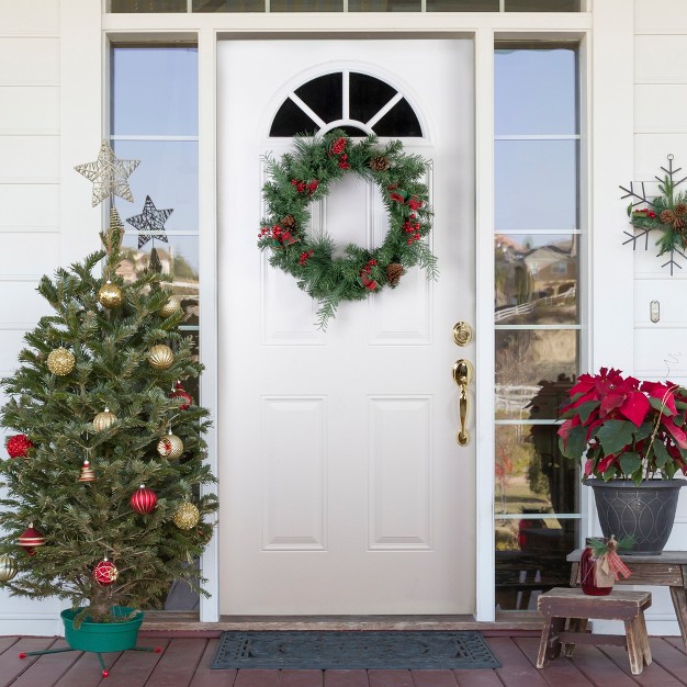 Unlit Green Foliage Pinecones And Berries With Tartan Ribbon Christmas Wreath