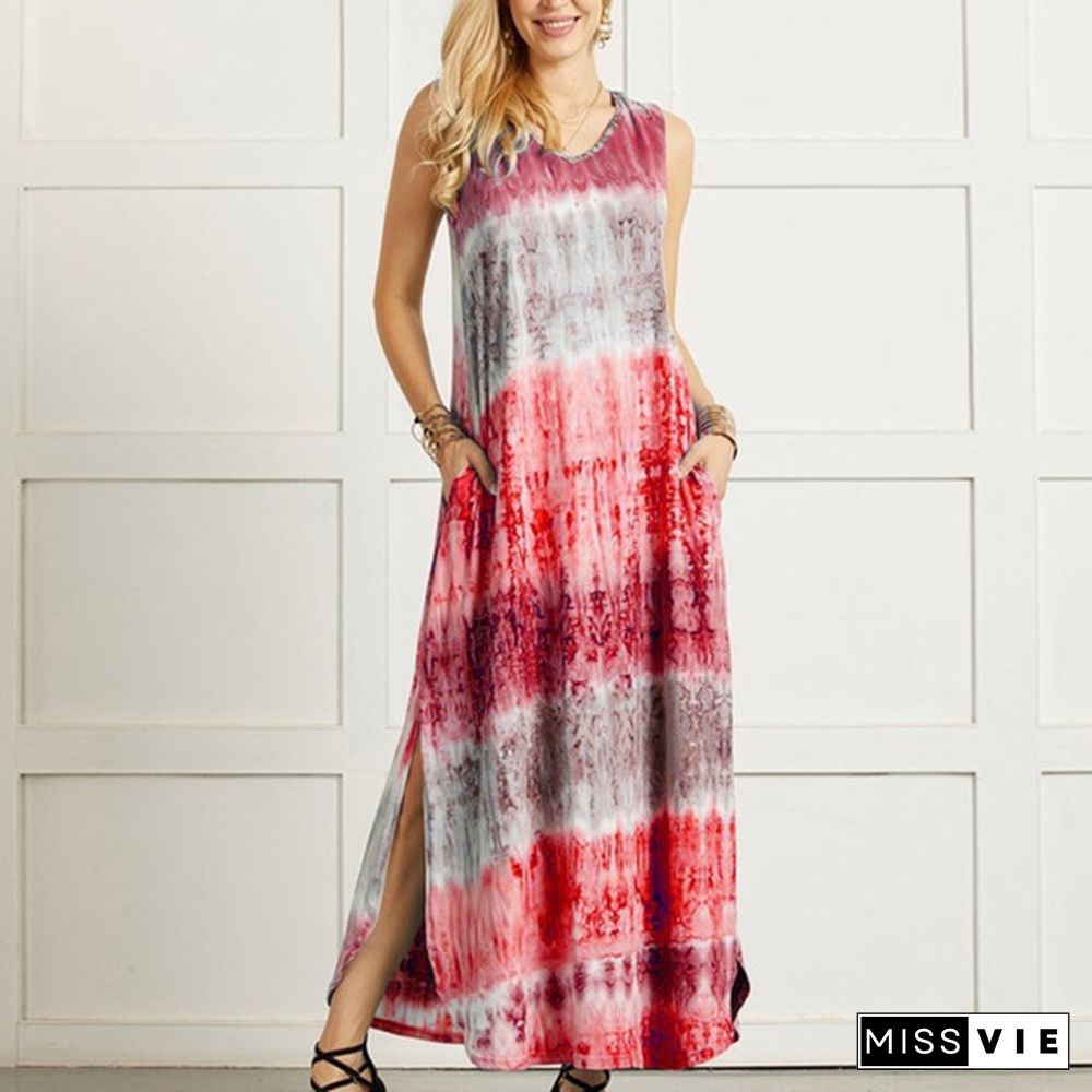 Womens Bohemia Sleeveless Maxi Dress Summer Casual Loose Tie Dye Printing Long Sundress Plus Size