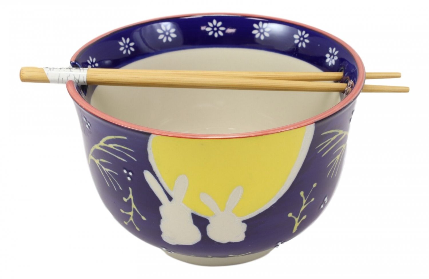 1 (2) Bunny Rabbits And Full Moon Ramen Noodles Soup Large 6D Bowl With Chopsticks EBR02