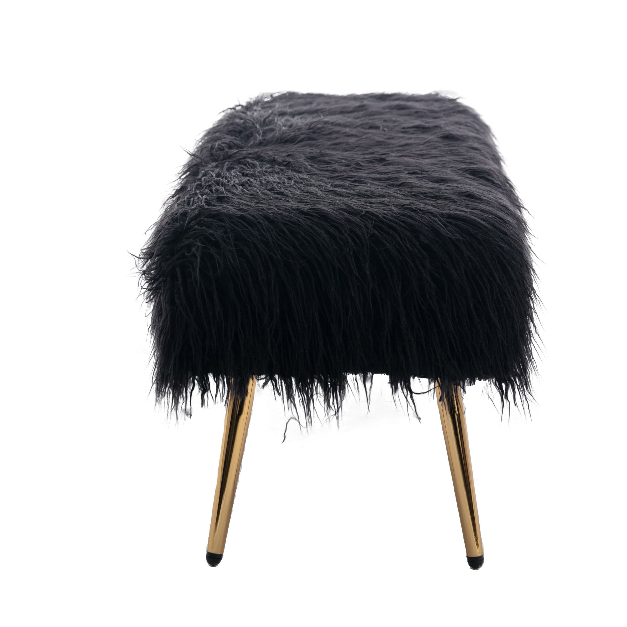 Seizeen Black Faux Fur Plush Bench, Modern Fluffy Upholstered Bench with Gold Metal Legs, End of Bed Long Ottoman Bench, for Entryway, Bedroom, Living Room, L0462