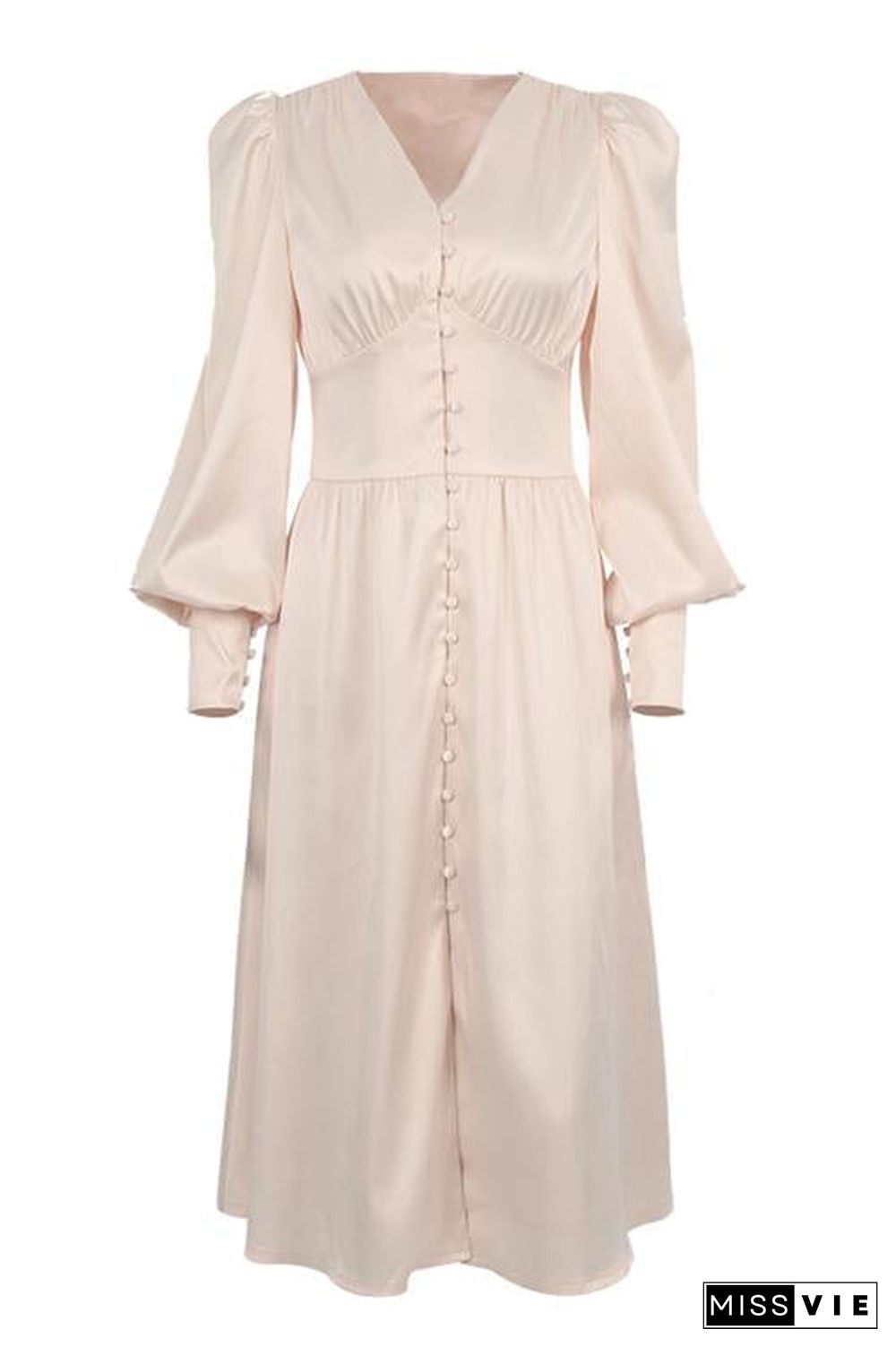 Satin Button Puff Long Sleeve Dress