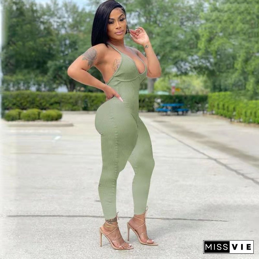 Sexy Summer Women Elegant Streetwear Solid V-Neck Halter Backless High Elastic Bodycon Fitness Jumpsuit