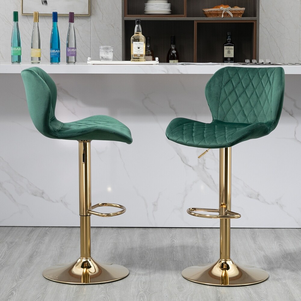 Velvet Adjustable Swivel Bar Stools Set Of 2 Modern Counter Height Barstools With Golden Color Base for Living Room  Kitchen