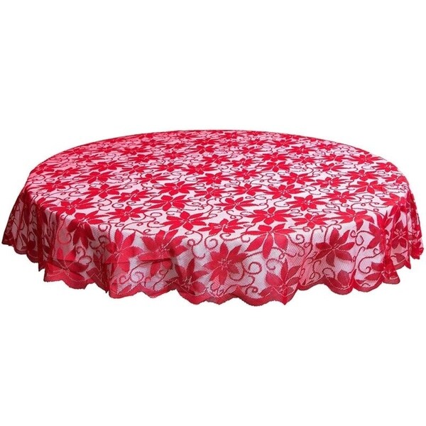 Lace Round Table Cloth Cover，72 inches Diameter Poinsettia Red Circle Tablecloth for Christmas Holiday Party，Festive Events