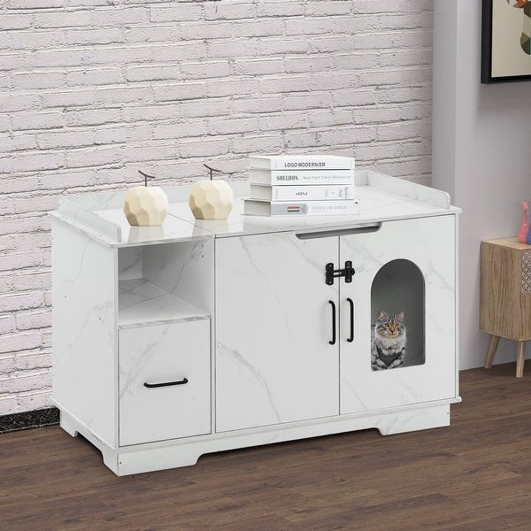 MCombo Cat Litter Box Furniture Hidden with Top Opening， Wooden Hideaway Large Cat House w/ Drawer， Washroom Storage Bench CT74