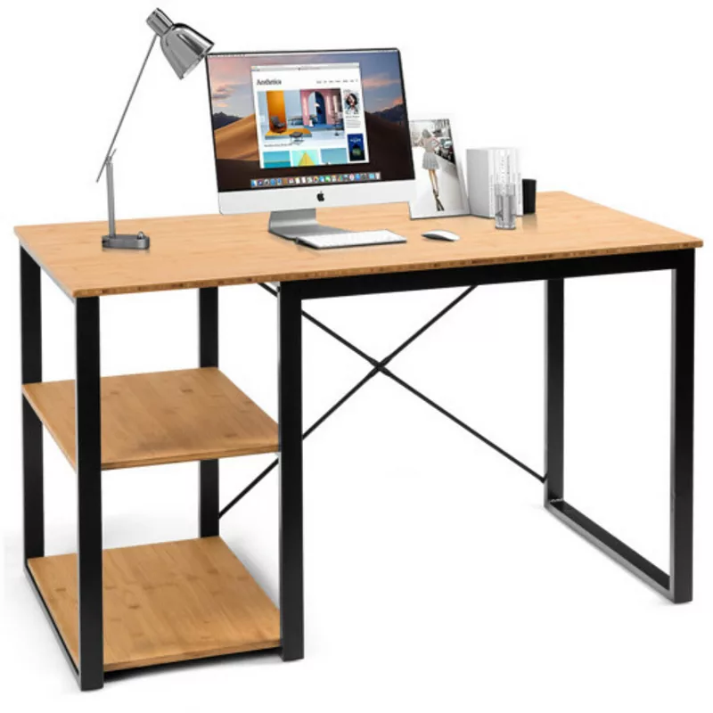 Computer Desk with Wicker Top and 2 Storage Shelves-Natural Desk