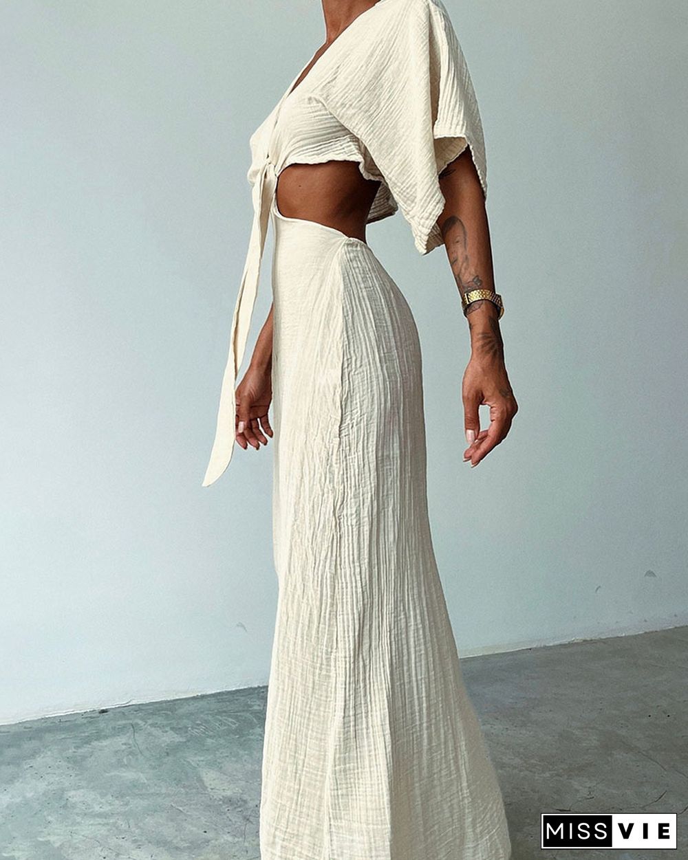 Lace-up exposed waist cotton and linen dress