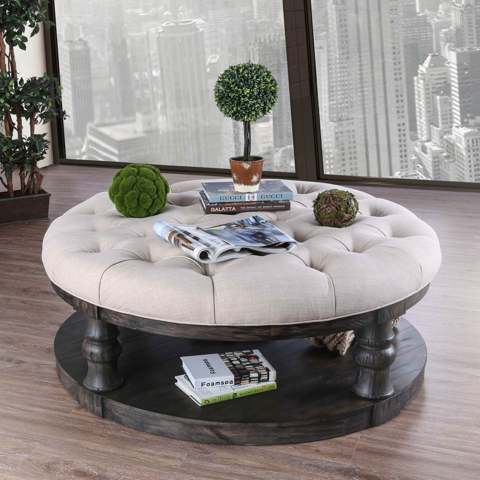 Rustic Ottoman Coffee Table  Molding Accented Legs and Tufted Seat  Antique Gray   Traditional   Coffee Tables   by Declusia  Houzz