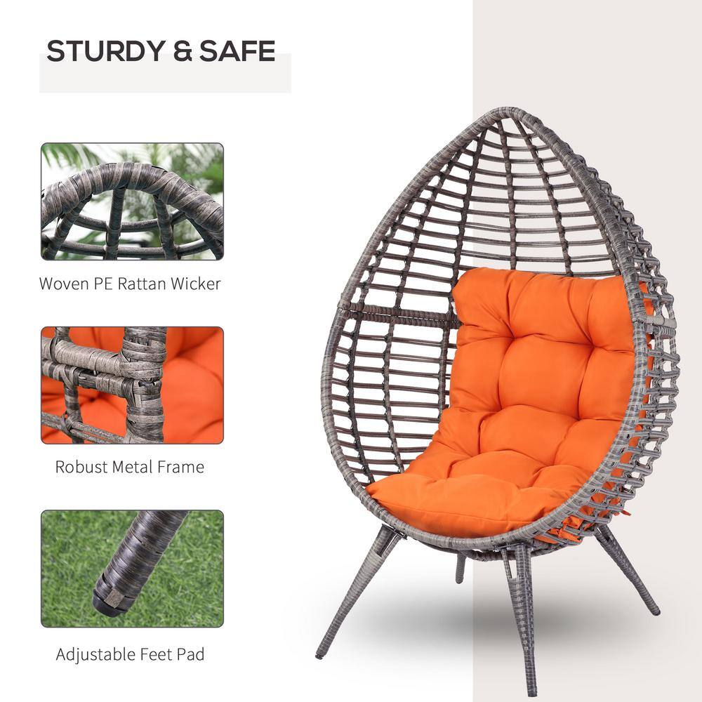 Outsunny Wicker Outdoor Lounge Chair with Orange Cushion Teardrop Chair Poolside Patio Seat 867-047OG