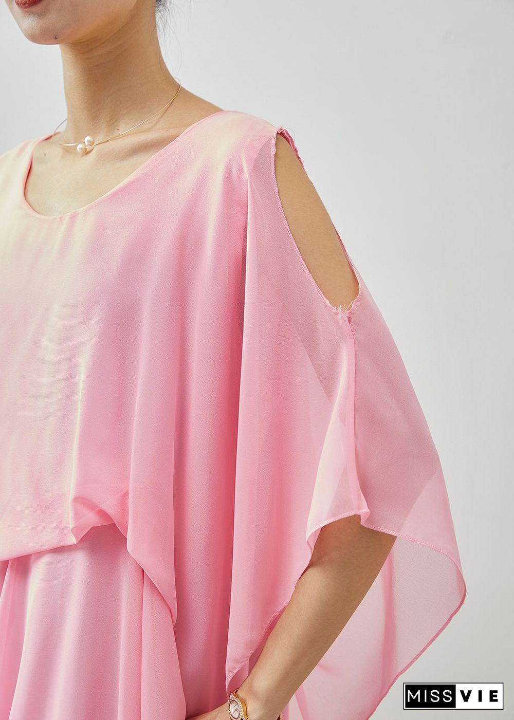 Boho Pink Asymmetrical Cold Shoulder Chiffon Beach Dresses Summer