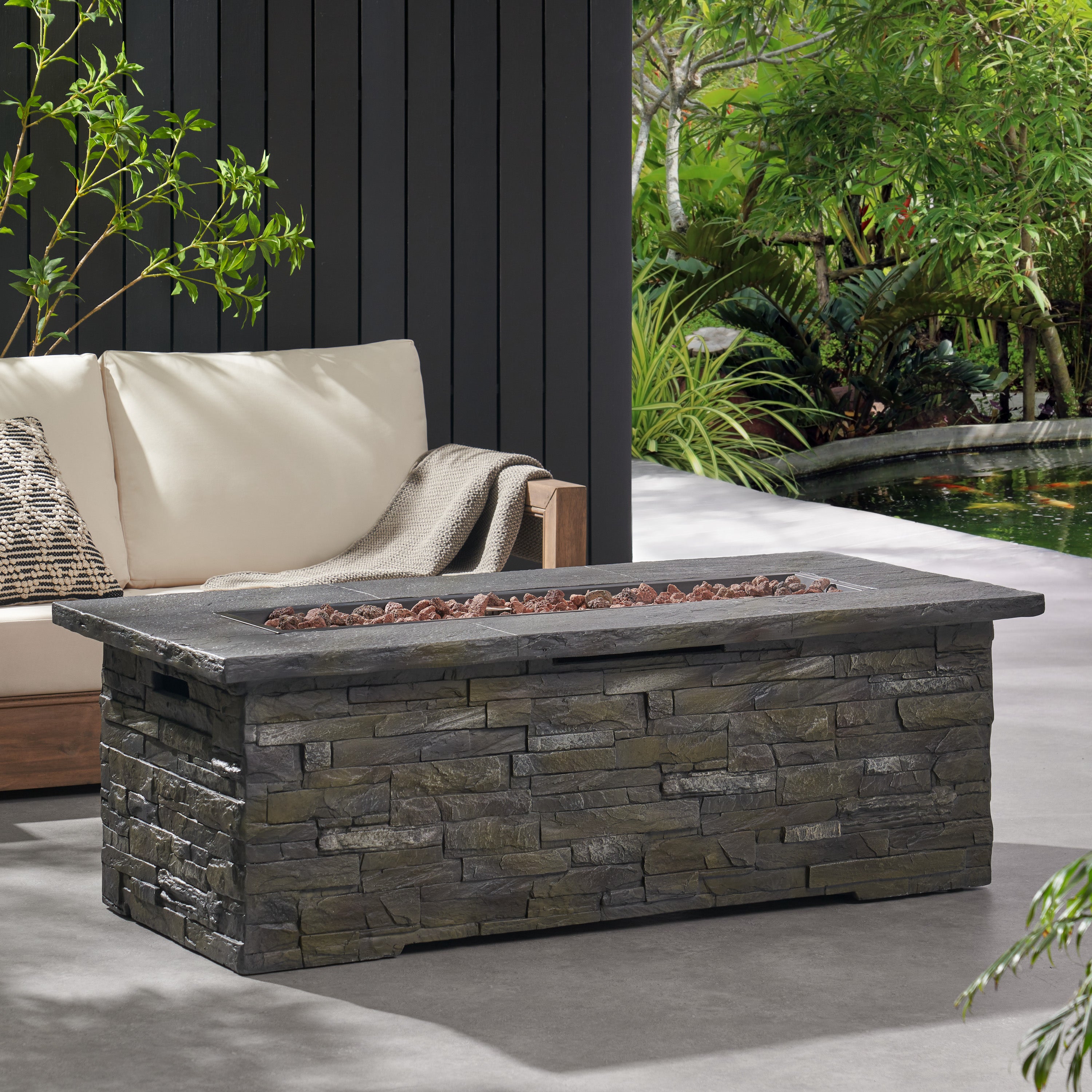 Dunnigan Outdoor 50,000 BTU Lightweight Concrete Rectangular Fire Pit (No Tank Holder), Natural Stone