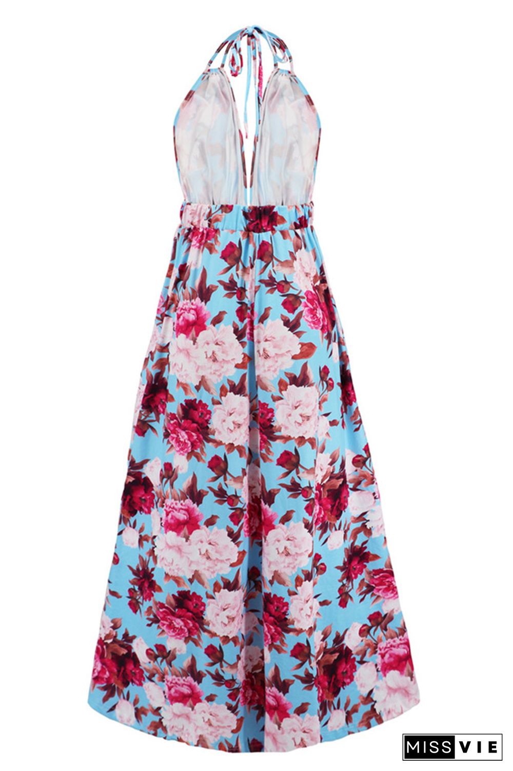 V Neck Halter Backless High Split Floral Maxi Dress