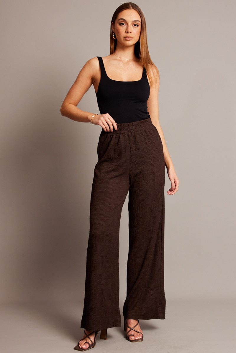 Brown Wide Leg Pants High Rise Textured Fabric