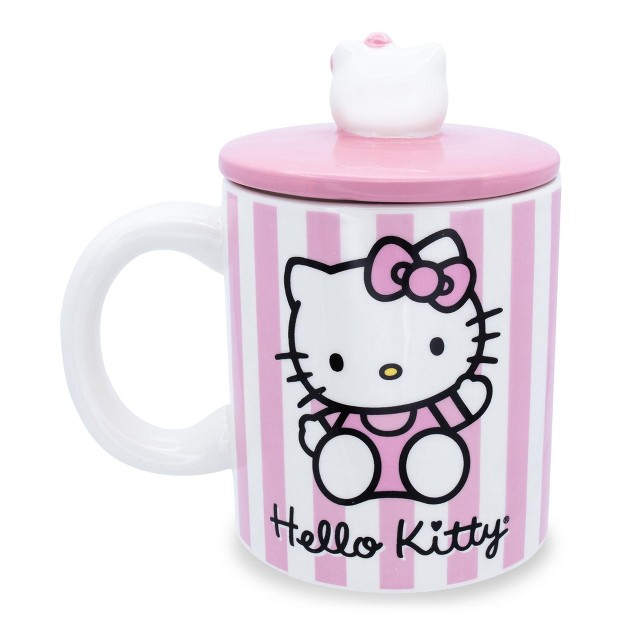 Silver Buffalo Sanrio Hello Kitty Pink Stripes Ceramic Mug With Lid Holds 18 Ounces