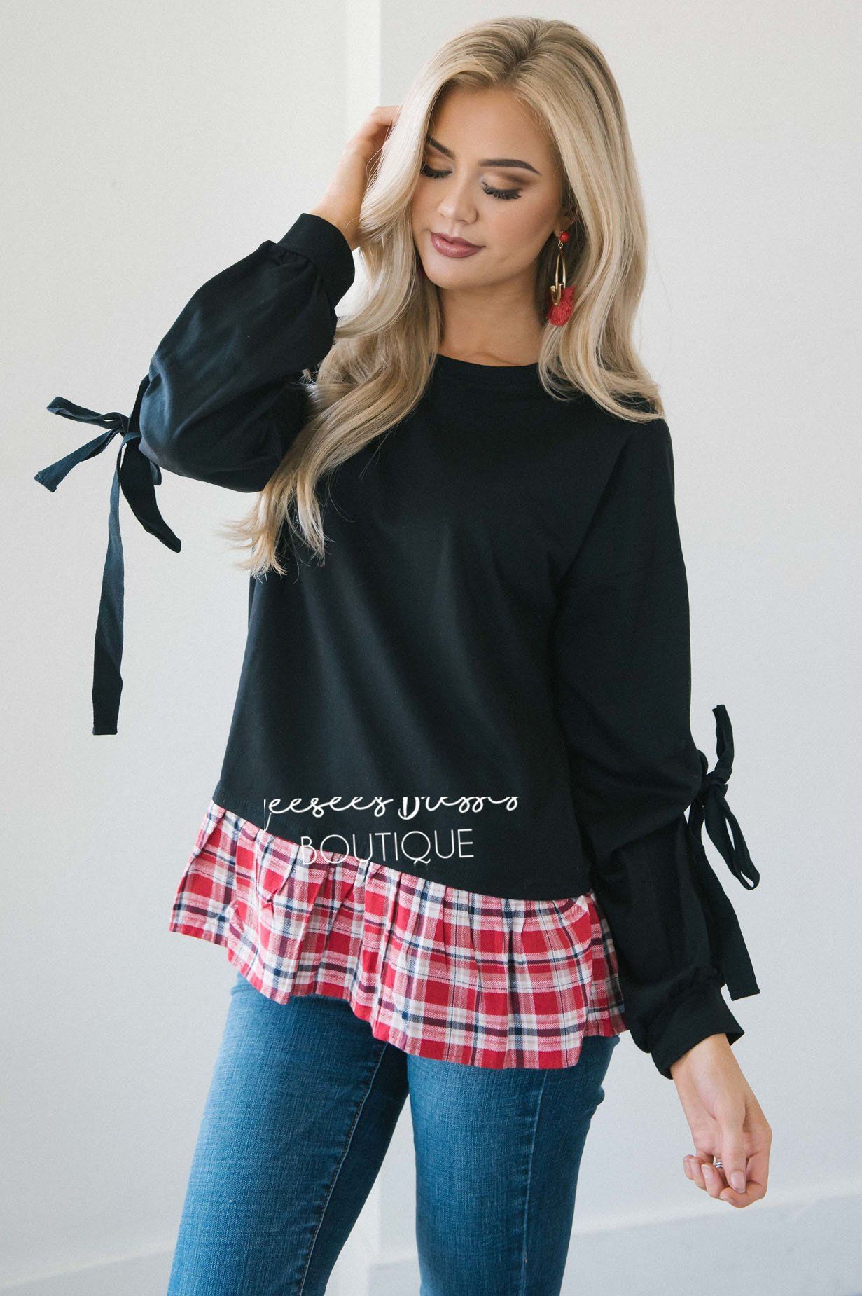 Tie Sleeve Plaid Ruffle Hem Sweater