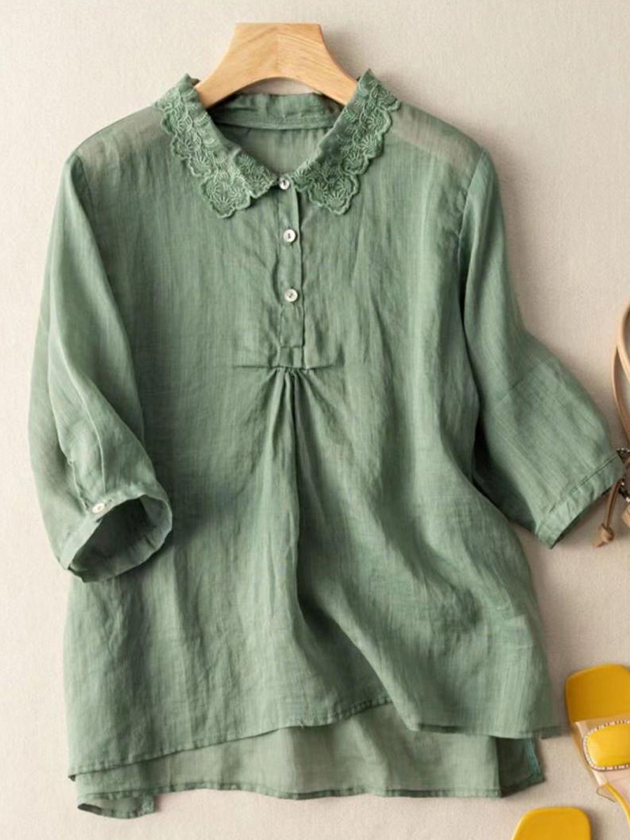 Casual Embroidered Lapel Half Sleeve Blouse