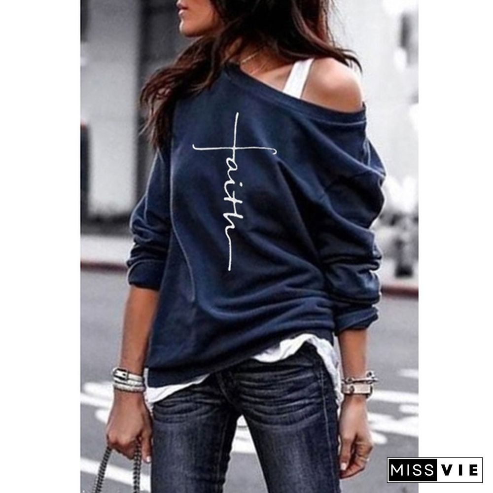 S-5XL Women Long Sleeve Faith Print Shirts Loose Casual Tops Off Shoulder Sweatshirts Women Pullovers