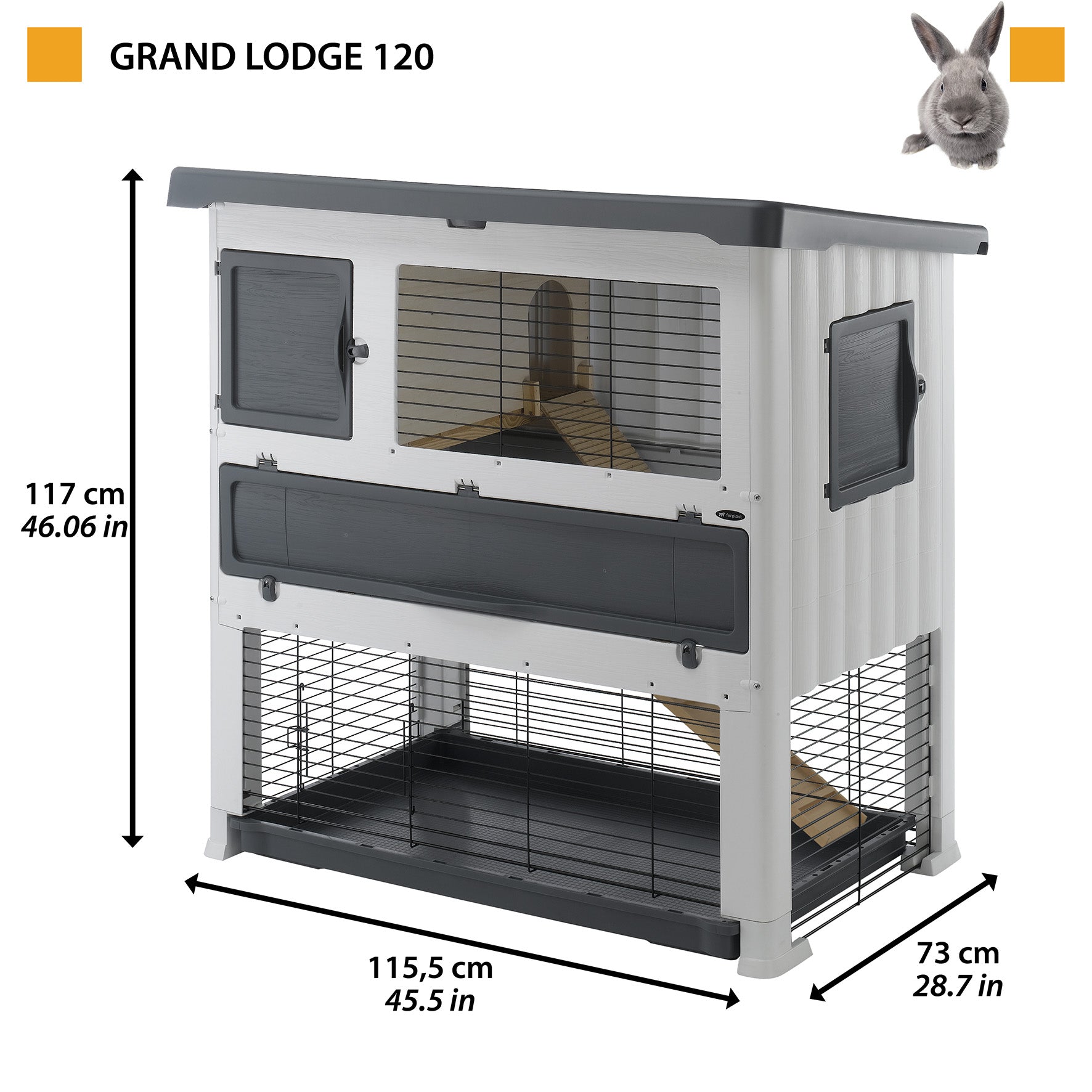 Ferplast Grand Lodge 120 Plus Rabbit Hutch | Large Oudoor Plastic Rabbit Hutch | 45.47L x 24.80W x 46.06H Inches， Gray