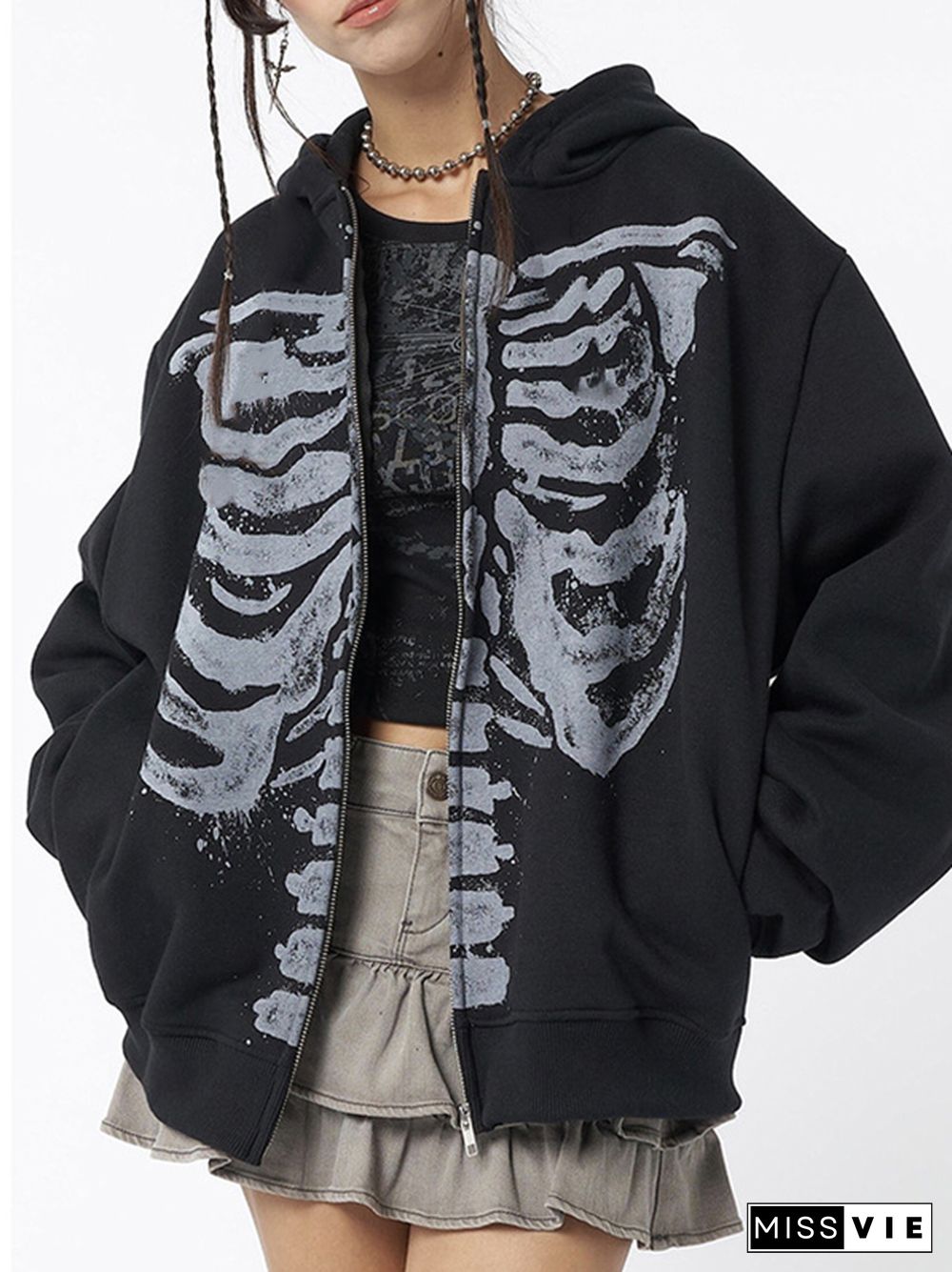 Skeleton Print Zip Up Loose  Oversized Hoodie