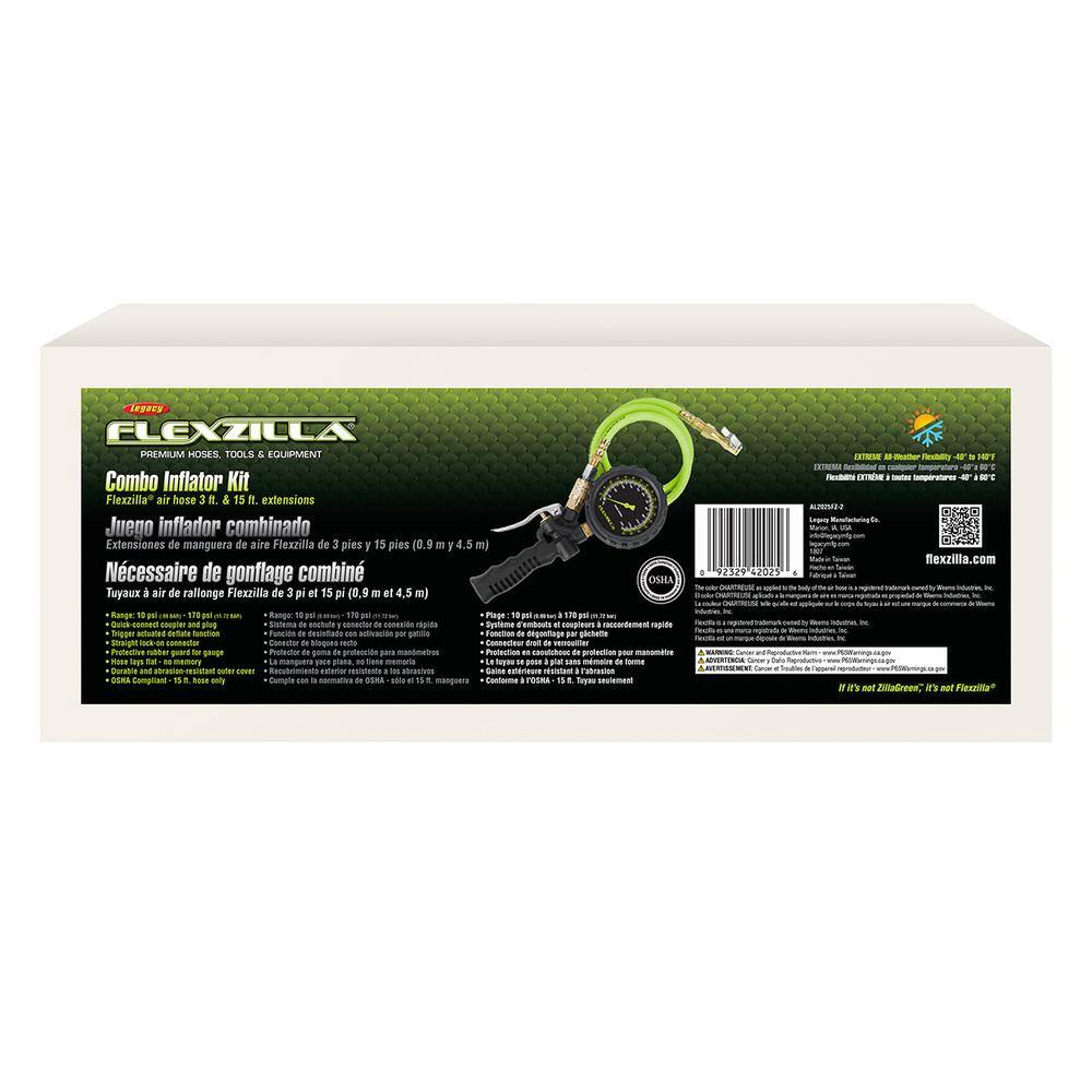 Flexzilla Combo Inflator Kit with Flexzilla Air Hose 3 ft. and 15 ft. Extensions Lock on Chuck AL2025FZ-2