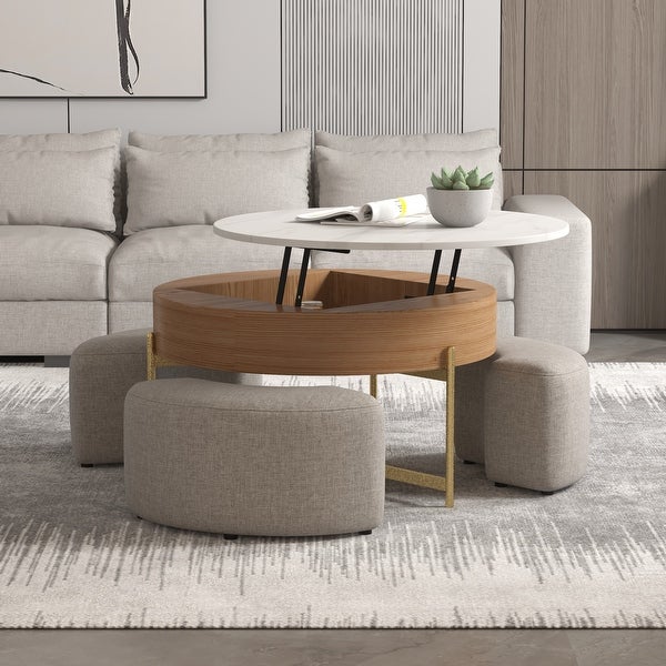 Lifting-top Round Modern Coffee Table with 3 Nesting Stool， Carbon Steel Legs