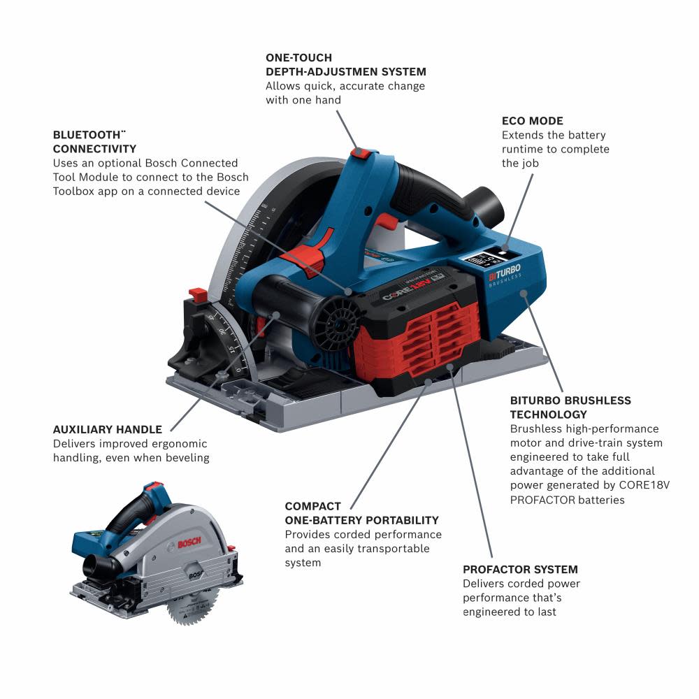 Bosch PROFACTOR 18V Connected-Ready 5-1/2 In. Track Saw Kit with 1 CORE18V 8.0 Ah PROFACTOR Performance Battery ;