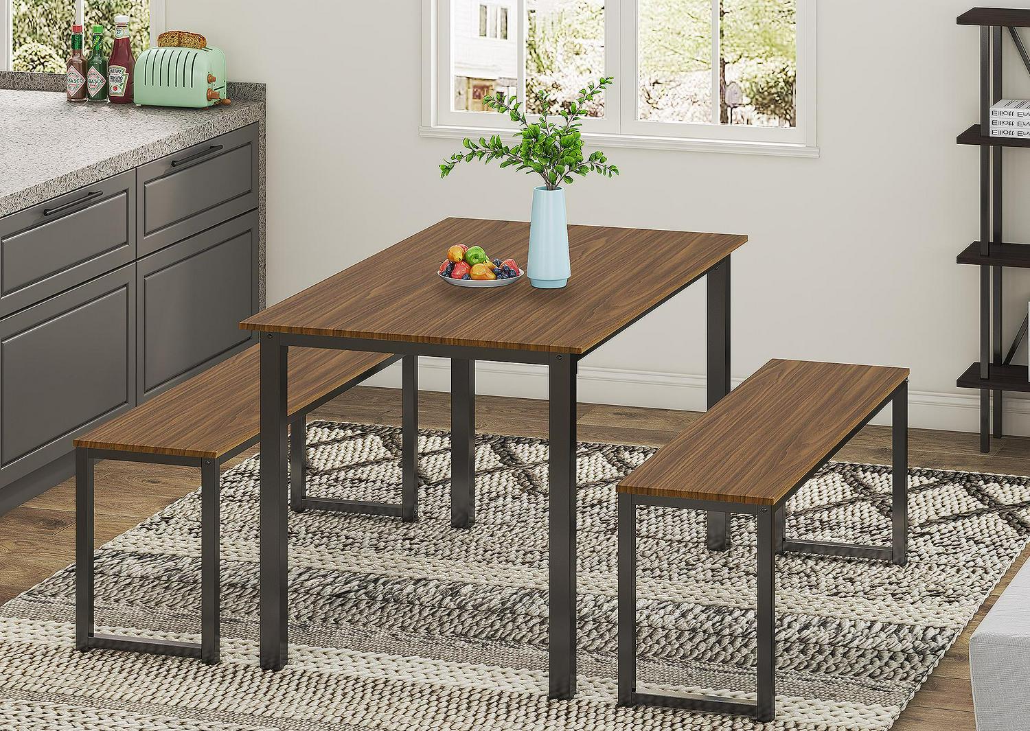 Homury 3 Piece Dining Table Set with Two Benches， Brown