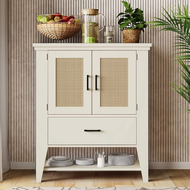 Trinity Accent Cabinet Rattan Buffet Cabinet With Storage Sideboard Cupboard Console Table For Living Room Dining Room Hallway Off White