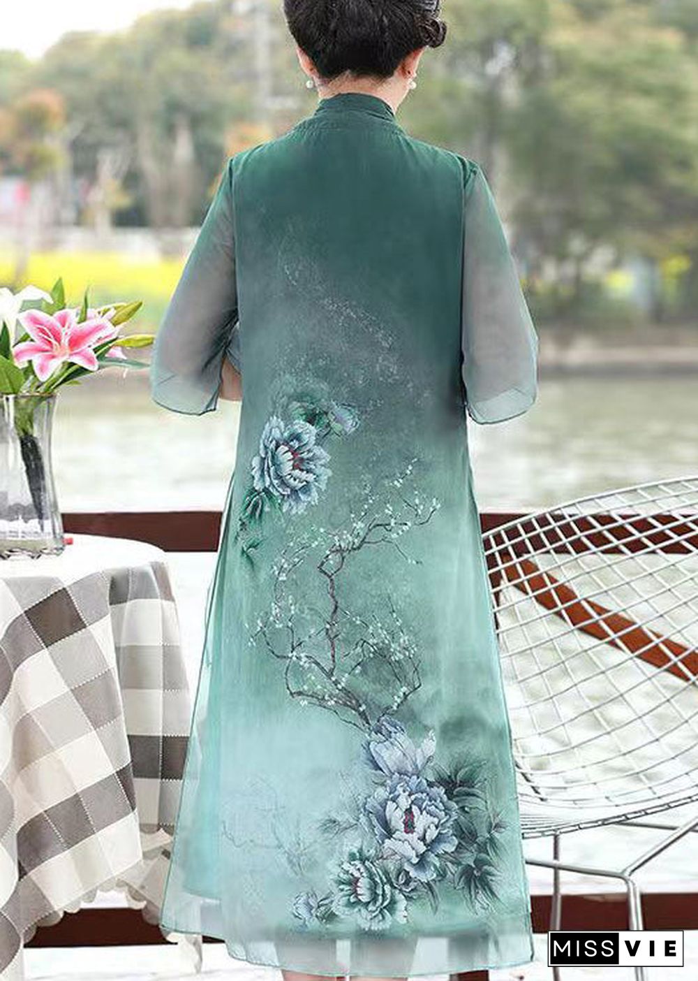 Green Print Patchwork Chiffon Dresses False Two Pieces Summer Half Sleeve