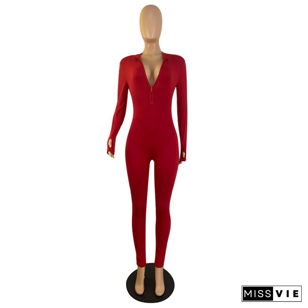 Solid Long Sleeve Zipper Front Bodycon Jumpsuit