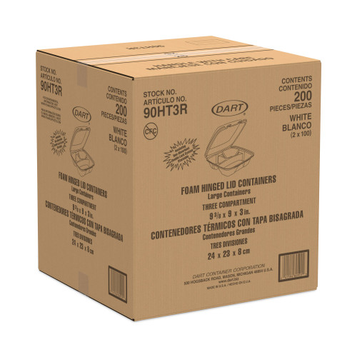 Dart Foam Hinged Lid Container， 3-Compartment， 8 oz， 9 x 9.4 x 3， White， 200/Carton (90HT3R)