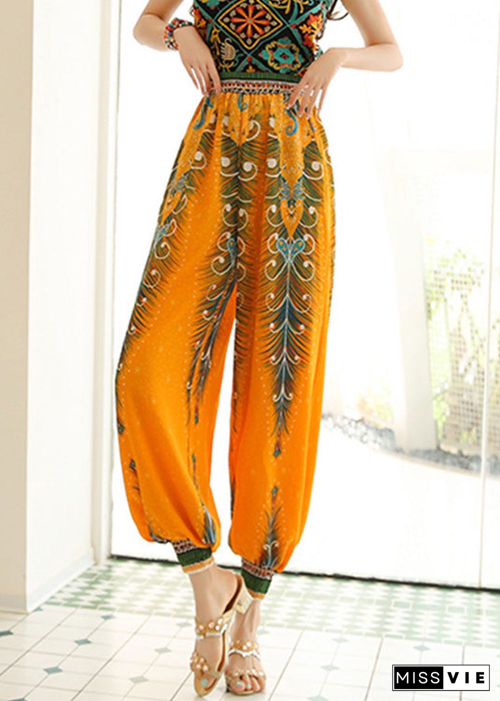 Women Yellow High Waist Print Lantern Pants Spring