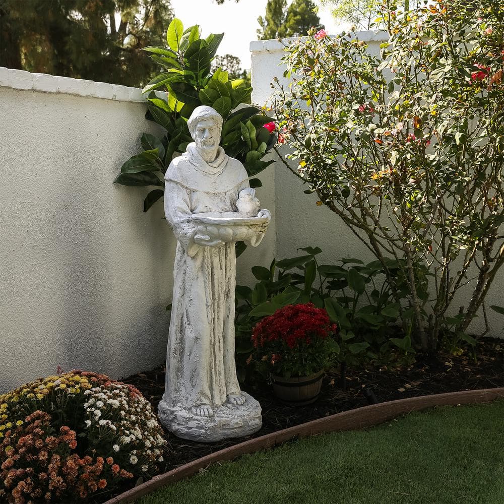 Alpine Corporation 45 in. Tall Outdoor Saint Francis Birdbath Statue Yard Art Decoration, Light Gray QFC106