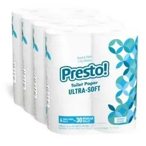 Amazon Brand – Presto! 308-Sheet Mega Roll 2-Ply Toilet Paper, Ultra-Strong, 24 Rolls (4 Packs of 6), Equivalent to 96 Regular Rolls, White