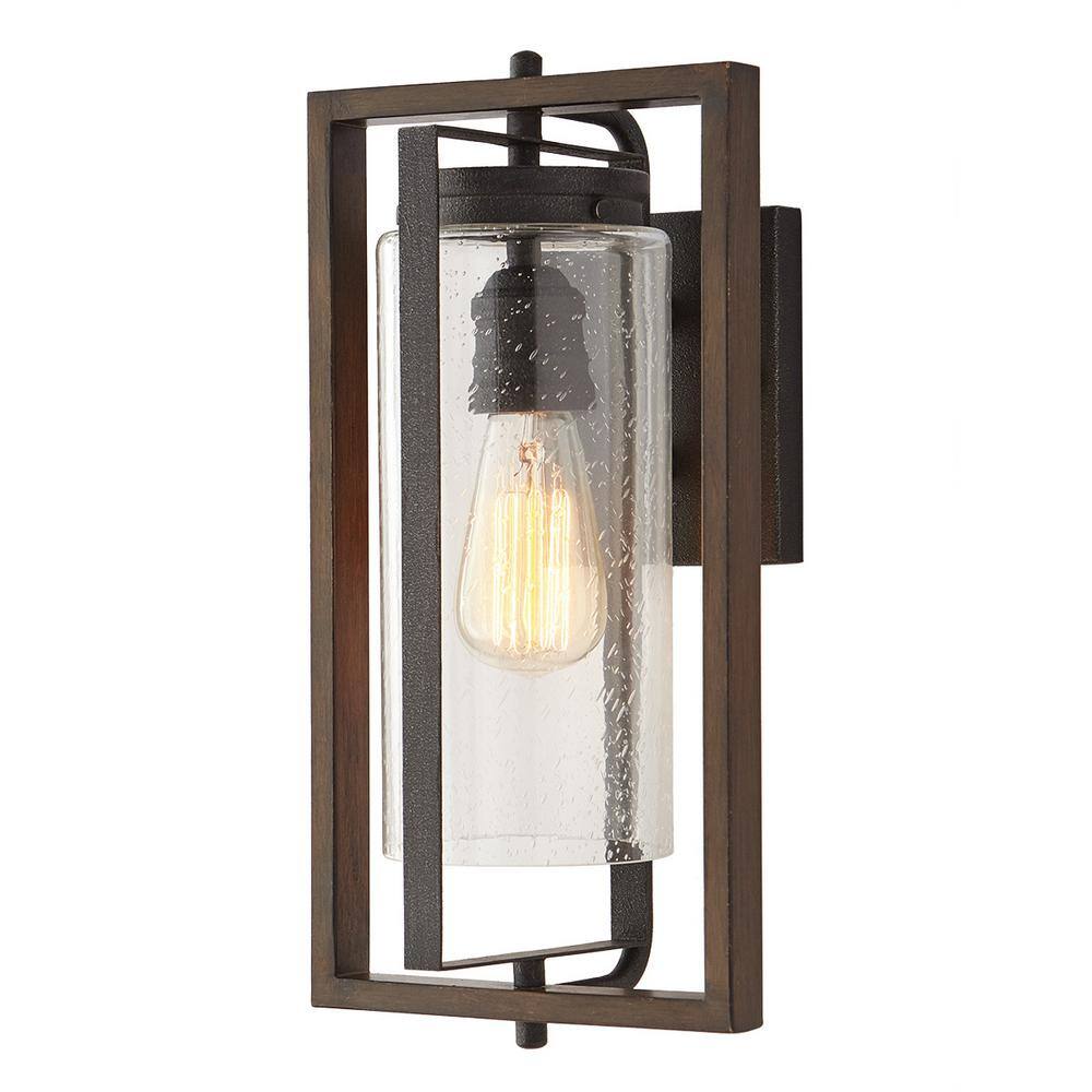 Home Decorators Collection Palermo Grove 8 in. 1-Light Gilded Iron Rustic Farmhouse Outdoor Wall Lantern Sconce with Walnut Wood Accents 7972HDCGIDI