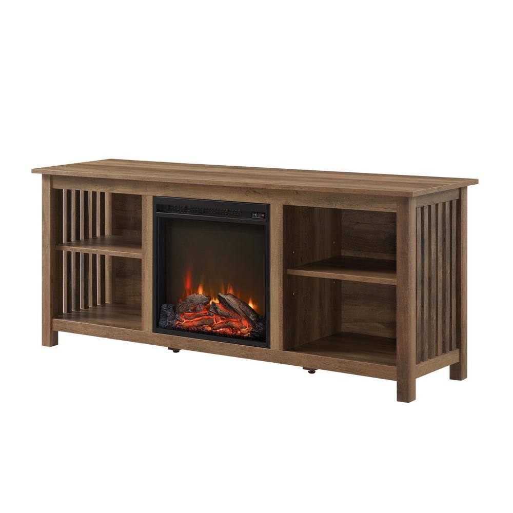 Welwick Designs 58 in. Rustic Oak Wood Mission Electric Fireplace TV Stand Fits TVs up to 65 in. with Adjustable Shelves HD9302