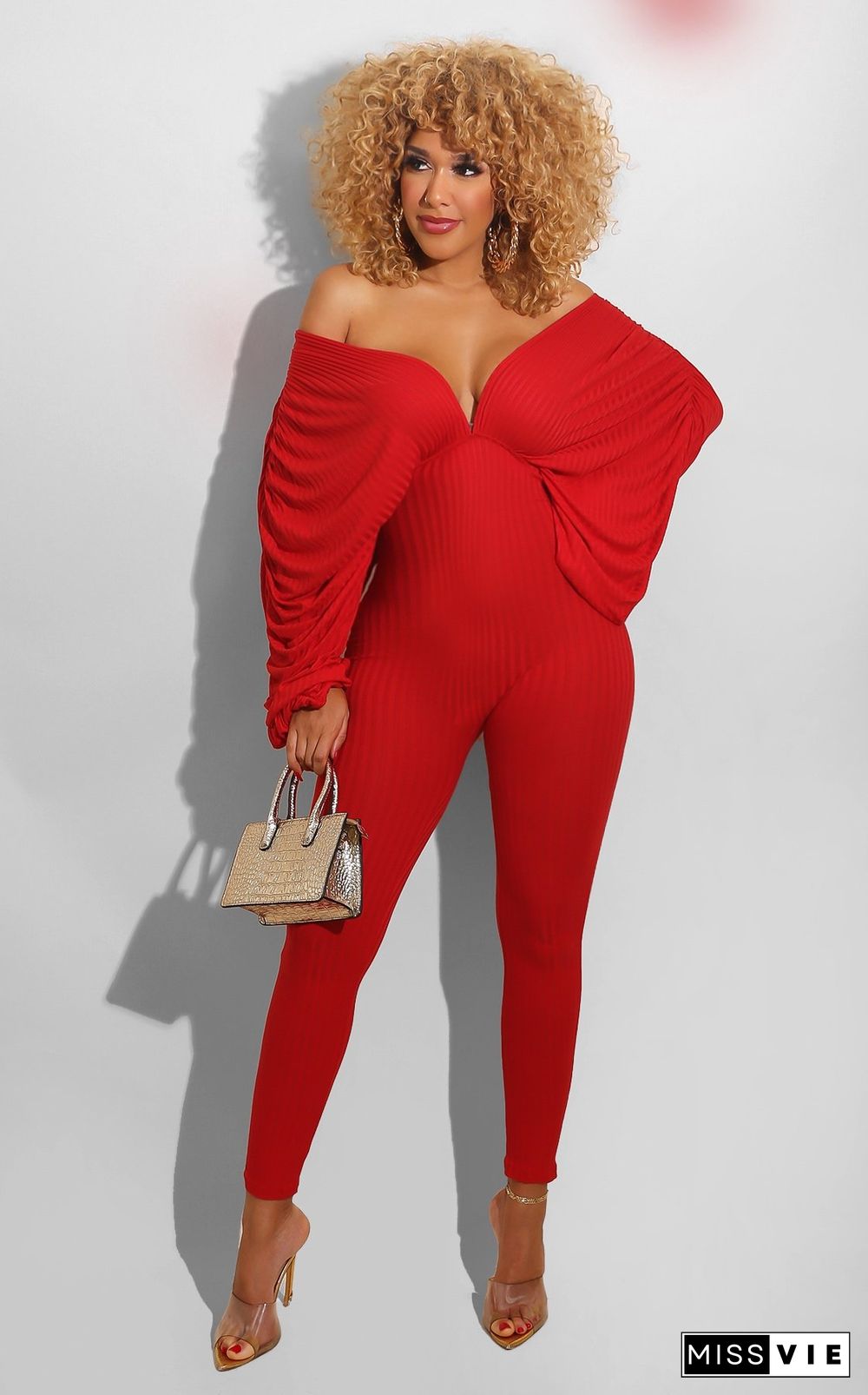 New High Elastic Solid Color Bat Sleeve Jumpsuit