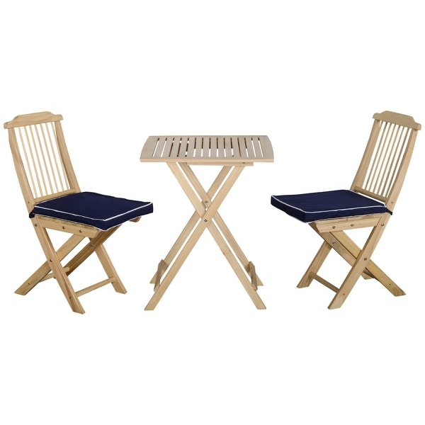 3 Pieces Patio Folding Bistro Set，Outdoor Pine Wood Table and Chairs Set with Tieon Cushion and Square Coffee Table