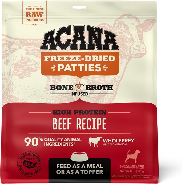 ACANA Ranch-Raised Beef Recipe Patties Grain-Free Freeze Dried Dog Food and Topper， 14-oz bag