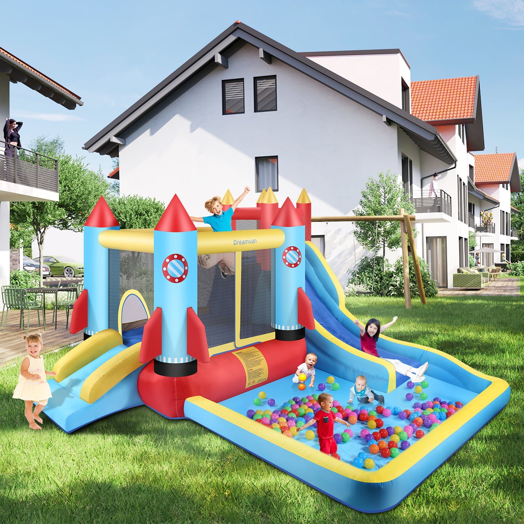 4-in-1 Children's Bounce House Giant Inflatable Slide Bouncy Castle with Large Pool, Climbing Wall, Bouncing Area,2X Long Slide PVC Inflatable Bouncers Ages 3-12 Years